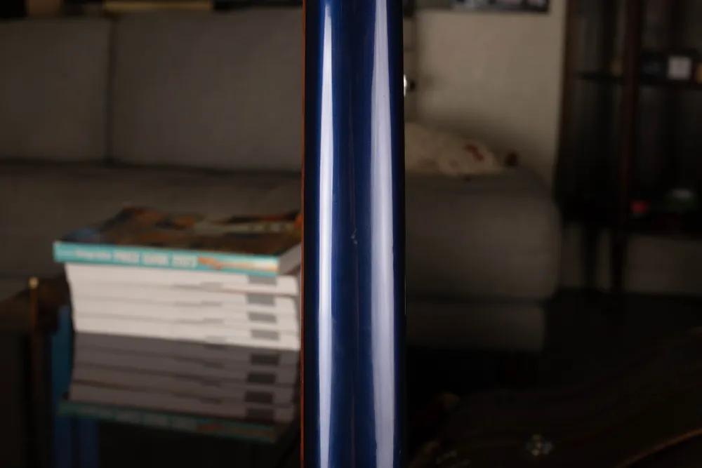 Archive 1989 Rickenbacker 4003 in blue: Rear neck view. Check both sides of the neck and the fingerboard joint during an in-person inspection.