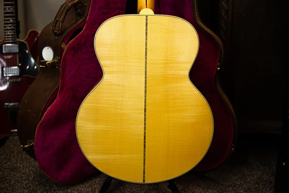 Highly figured maple back of a natural 1990 Gibson J-200