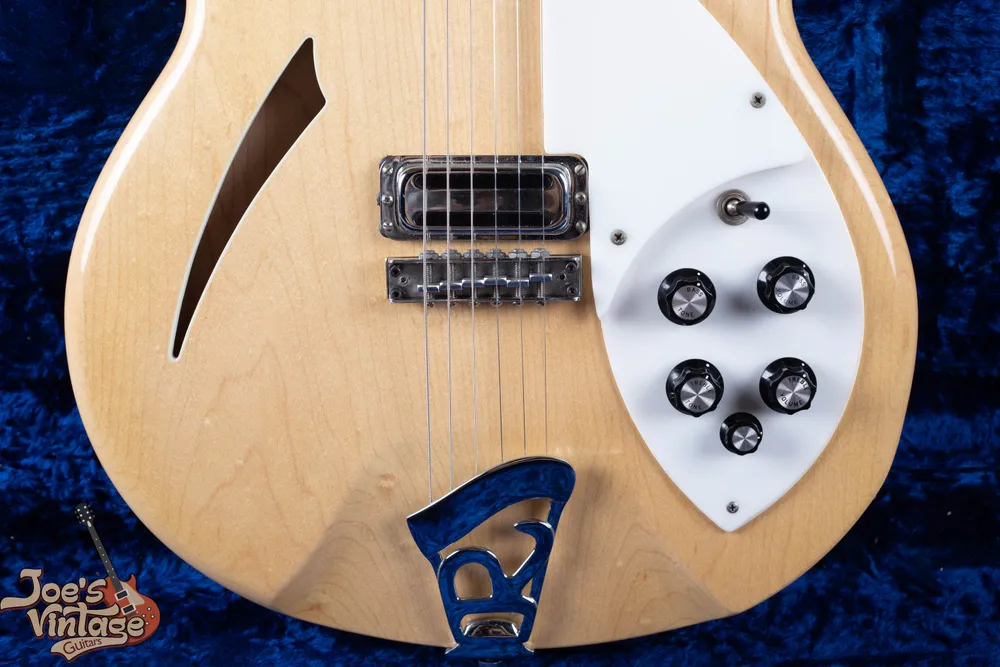 Four labeled silver-top knobs and a smaller fifth control on a Rickenbacker 360