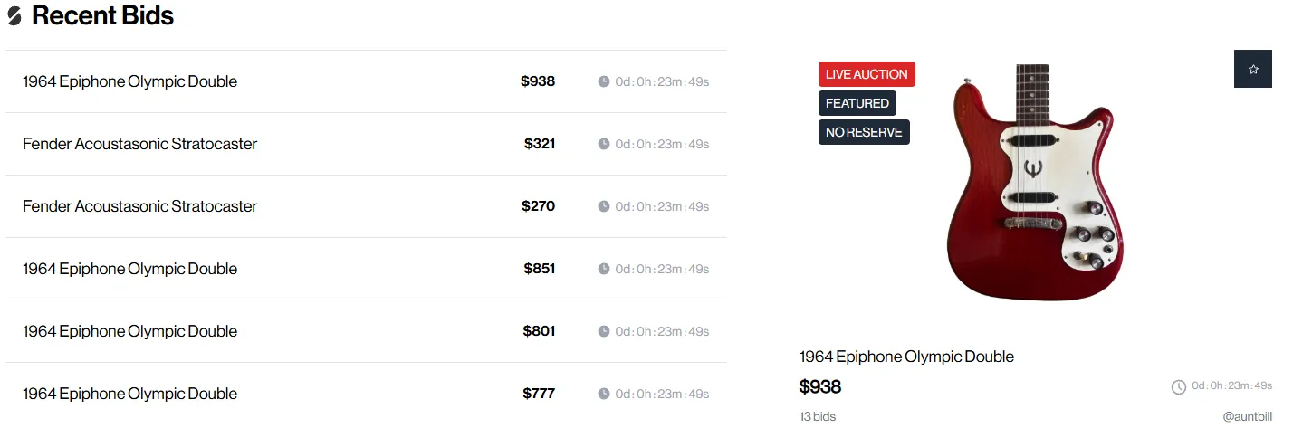 Live StringTree auction listing for a 1964 Epiphone, showing the bid count, time remaining, and curated listing format the platform uses.