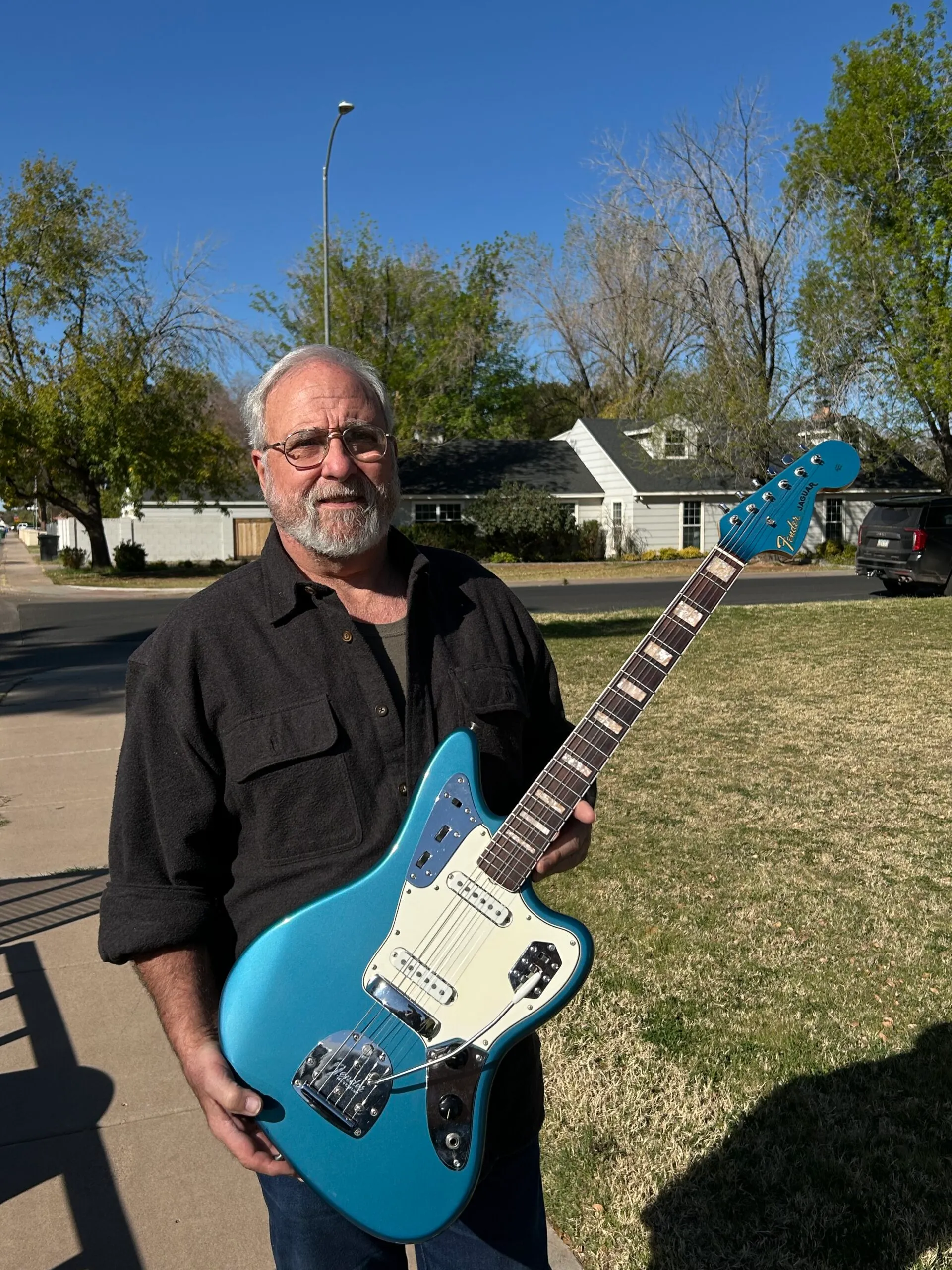 Bill with his 1966 Fender Jaguar in Lake Placid Blue, sold to Joe's Vintage Guitars