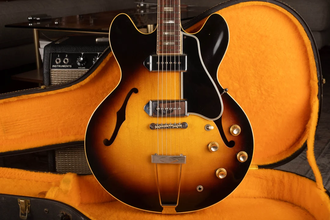 Sunburst block-neck Gibson ES-330 with metal dogear P-90 covers