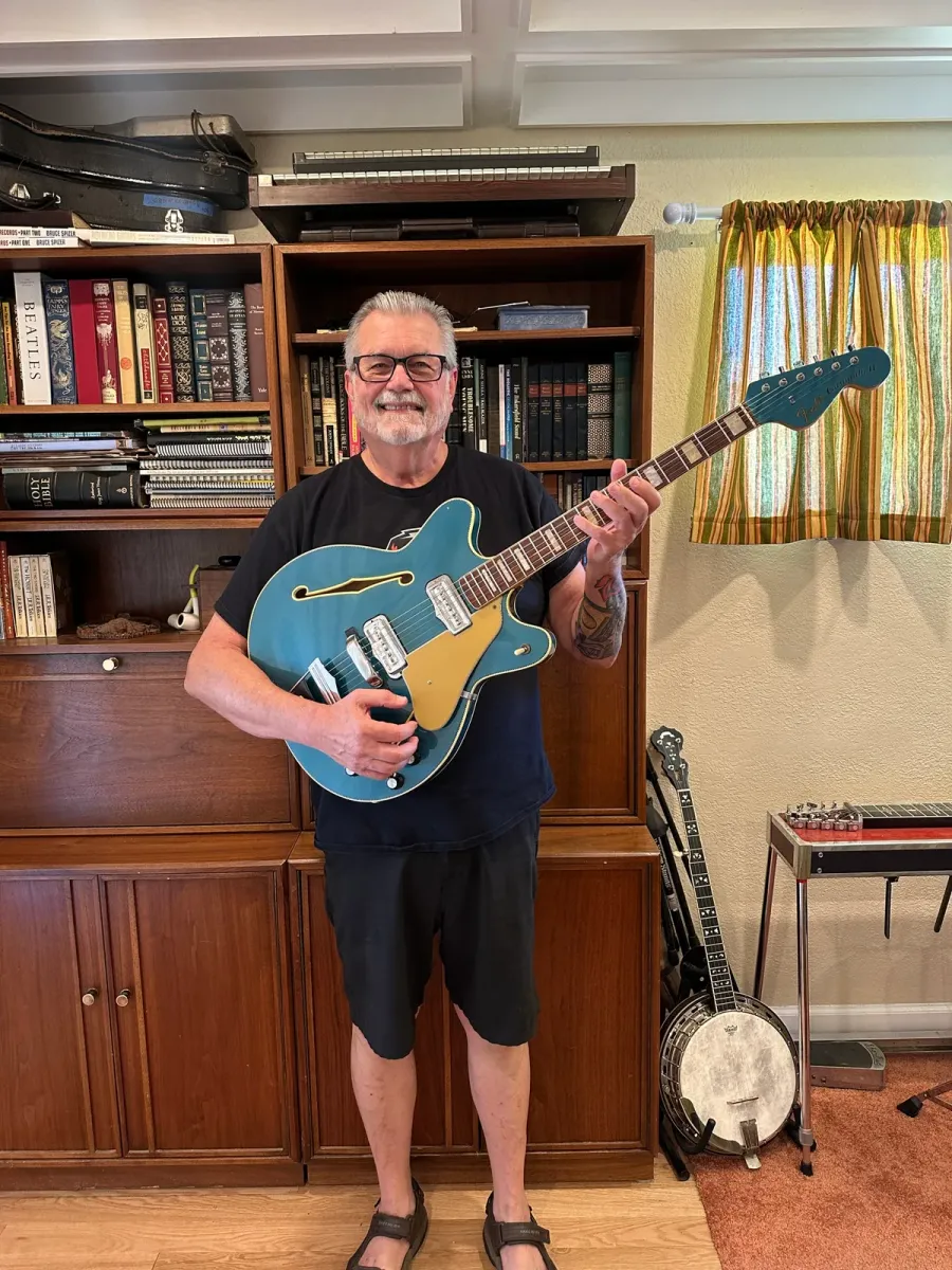 Chandler seller holding a one-owner 1966 Fender Coronado II in Lake Placid Blue
