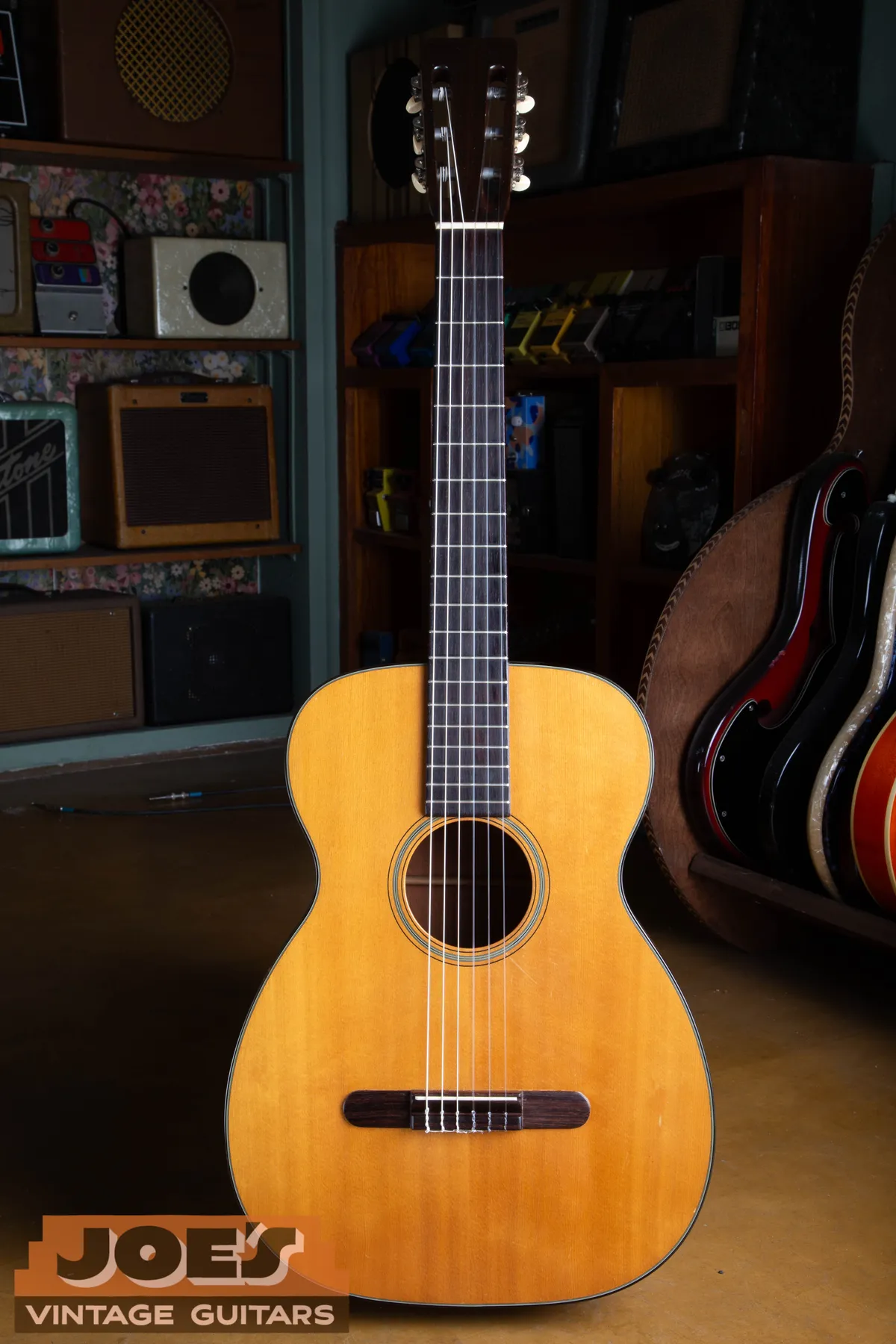 Full front of a 1955 Martin 00-18G classical guitar