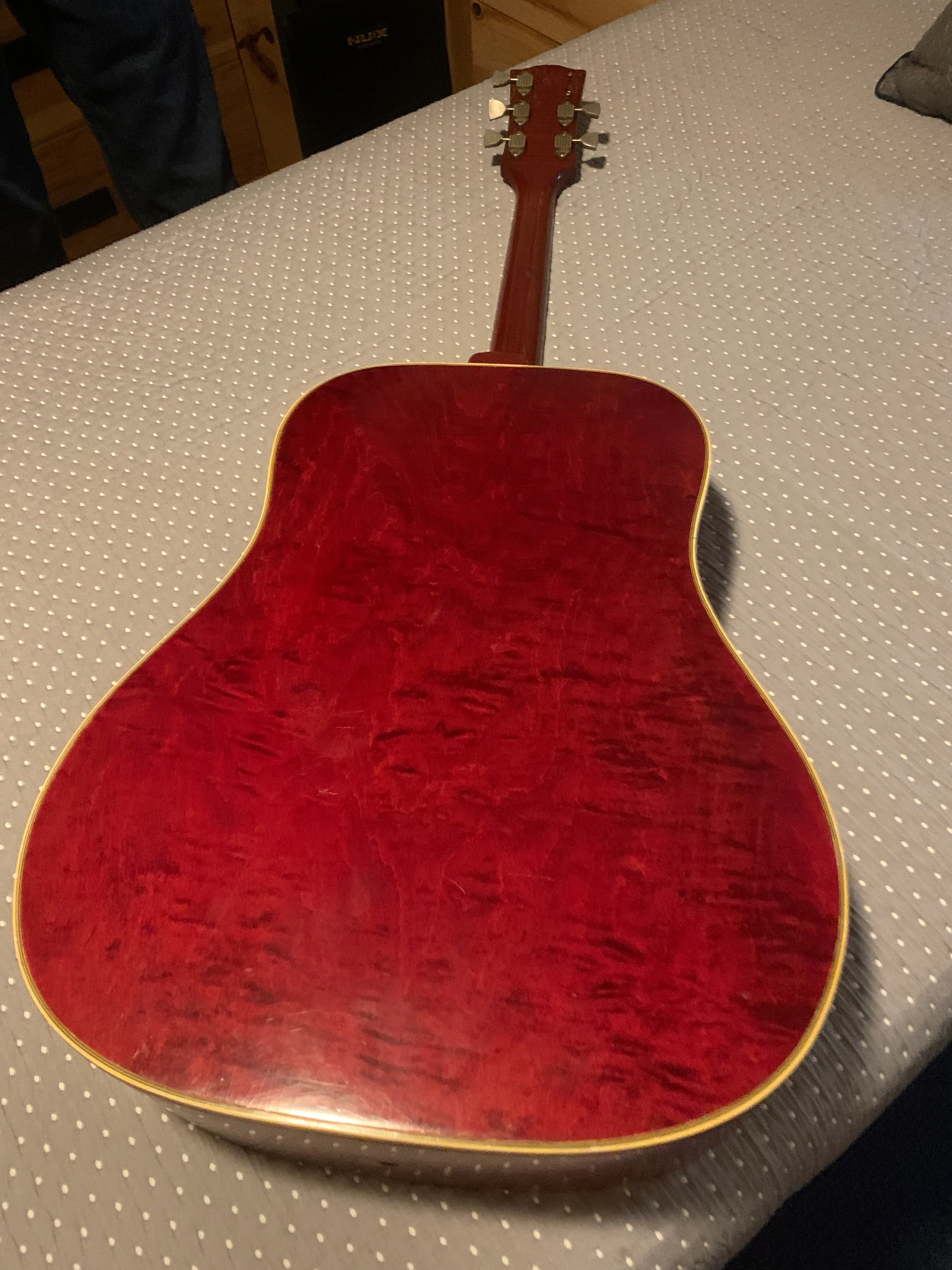 Gibson Dove maple back with visible figure beneath a red finish