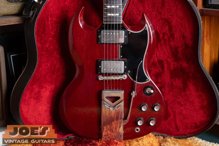 Early 1960s Gibson SG Standard in cherry with two humbuckers, crown inlays, and Maestro vibrato