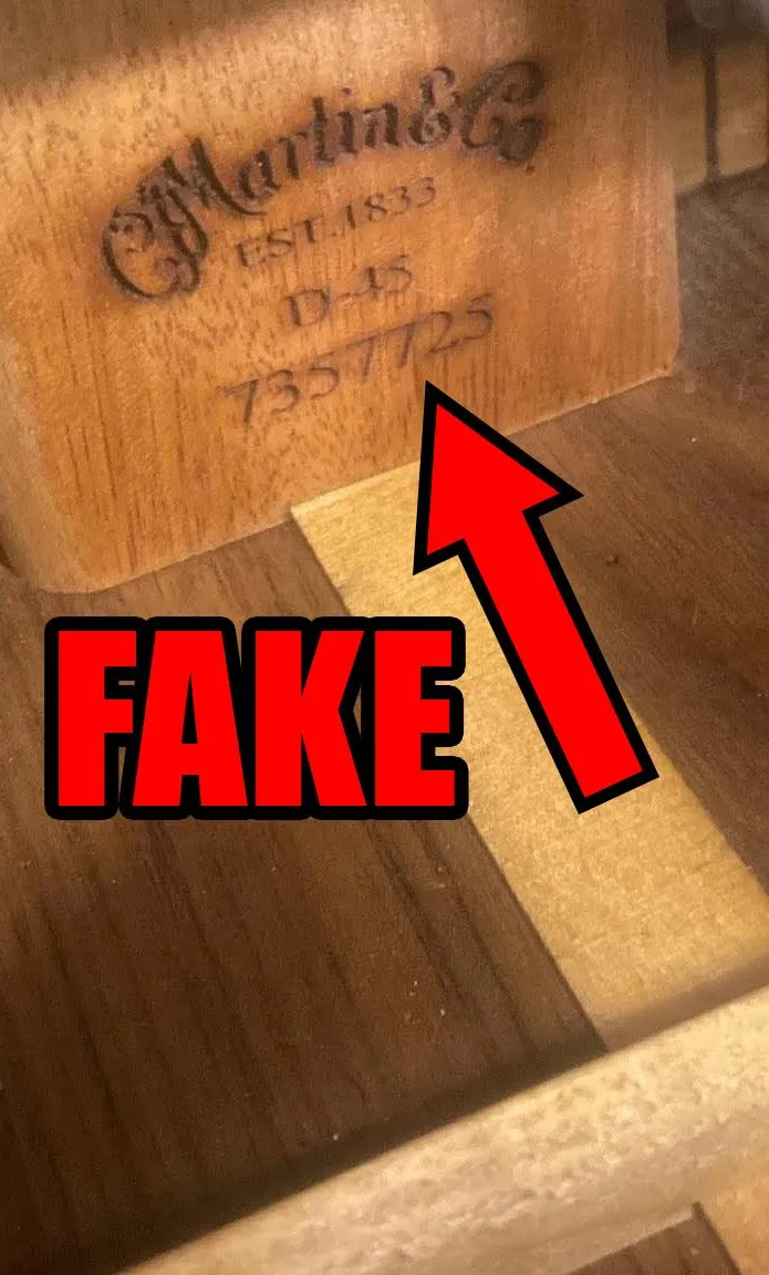 Burning around the logo and thin, serif text on a fake Martin neck block stamp