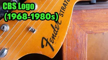Fender CBS TV logo 1968 to 1980s on vintage Stratocaster headstock, heavy black Fender script with thin gold outline designed for TV visibility