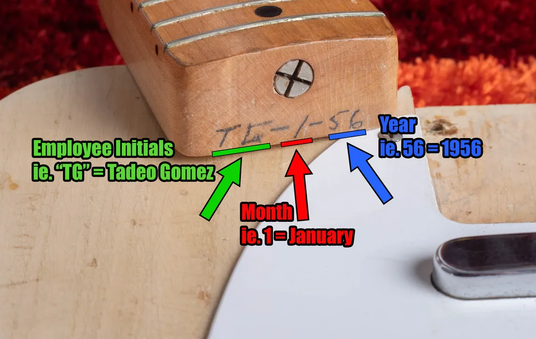 Fender neck heel with pencil date marking showing month-year format
