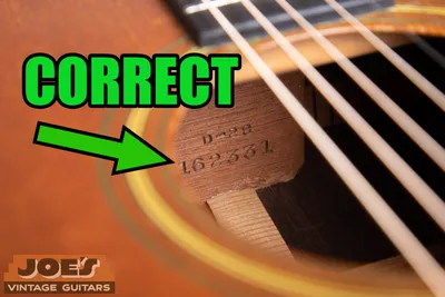 Authentic Martin neck block cleanly stamped with the model and serial number in Martin&rsquo;s correct typeface