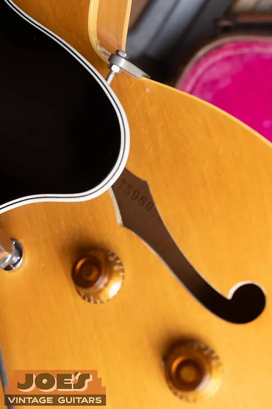 T-prefix factory order number visible through the f-hole of a natural 1958 Gibson ES-225TN