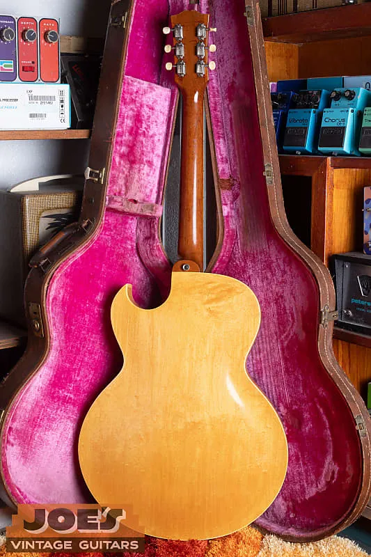 Full back of a natural finish 1958 Gibson ES-225TN in its case