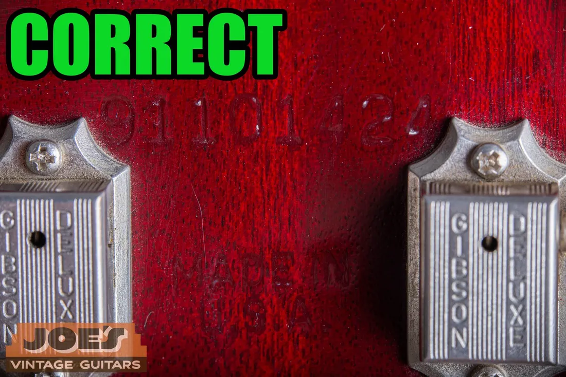 Finish-softened serial-number stamp on an authentic Gibson headstock