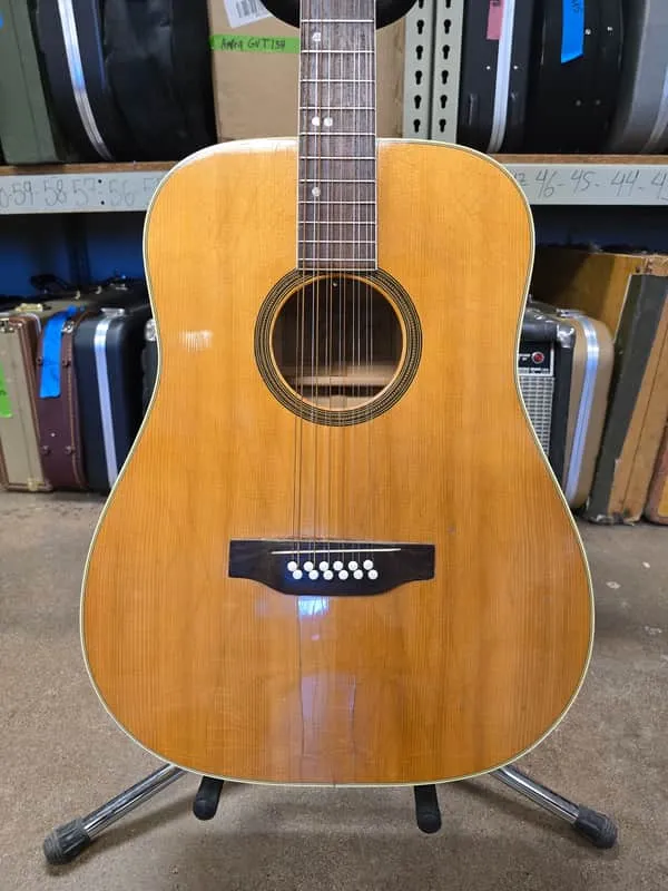Natural-finish Swedish Goya GG-5 12-string acoustic on a stand in Joe's shop