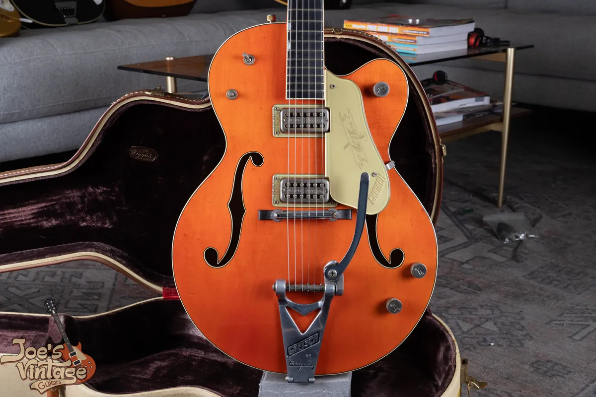 A 1960 Gretsch 6120 in excellent condition with the original hard case. We buy Gretsch guitars.