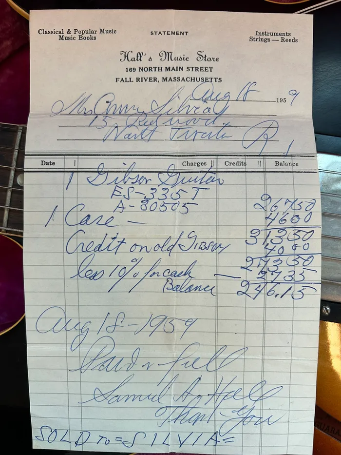 Original August 18, 1959 Hall’s Music Store receipt for Sylvia’s Gibson ES-335