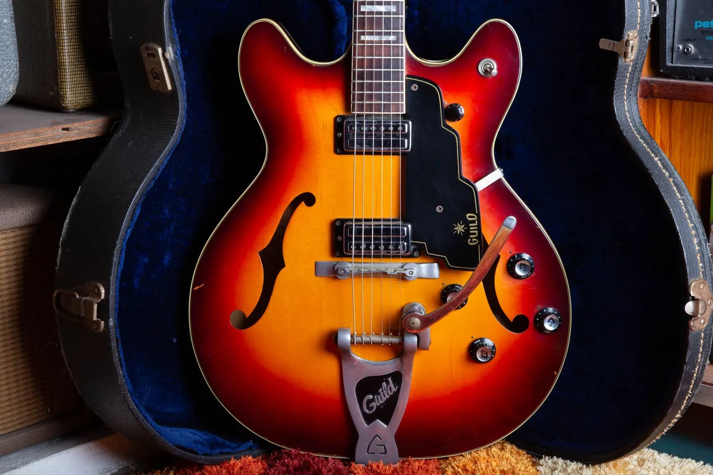 1966 Guild Starfire V showing sunburst body with factory Bigsby