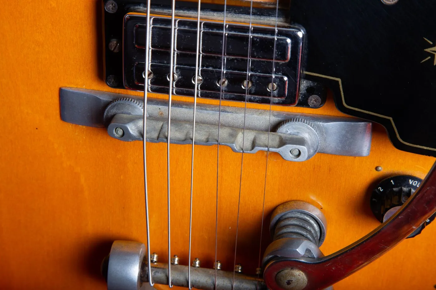 1966 Guild Starfire V showing aluminum bridge and vibrato assembly