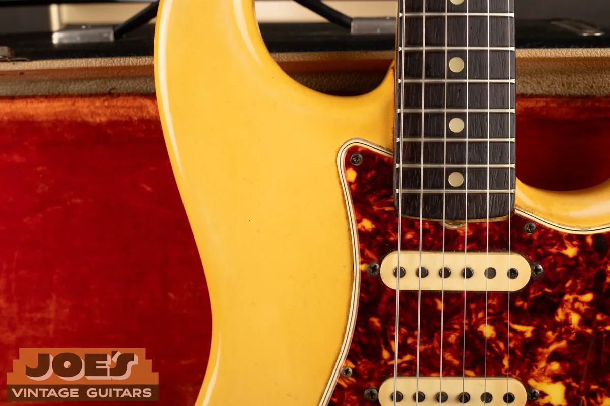 Close-up of the rare tortoise-shell pickguard on the 1965 Stratocaster