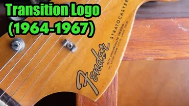 Fender Transition logo mid-1964 to 1967 on vintage Stratocaster headstock, thicker bolder gold-foil font with heavier black outline