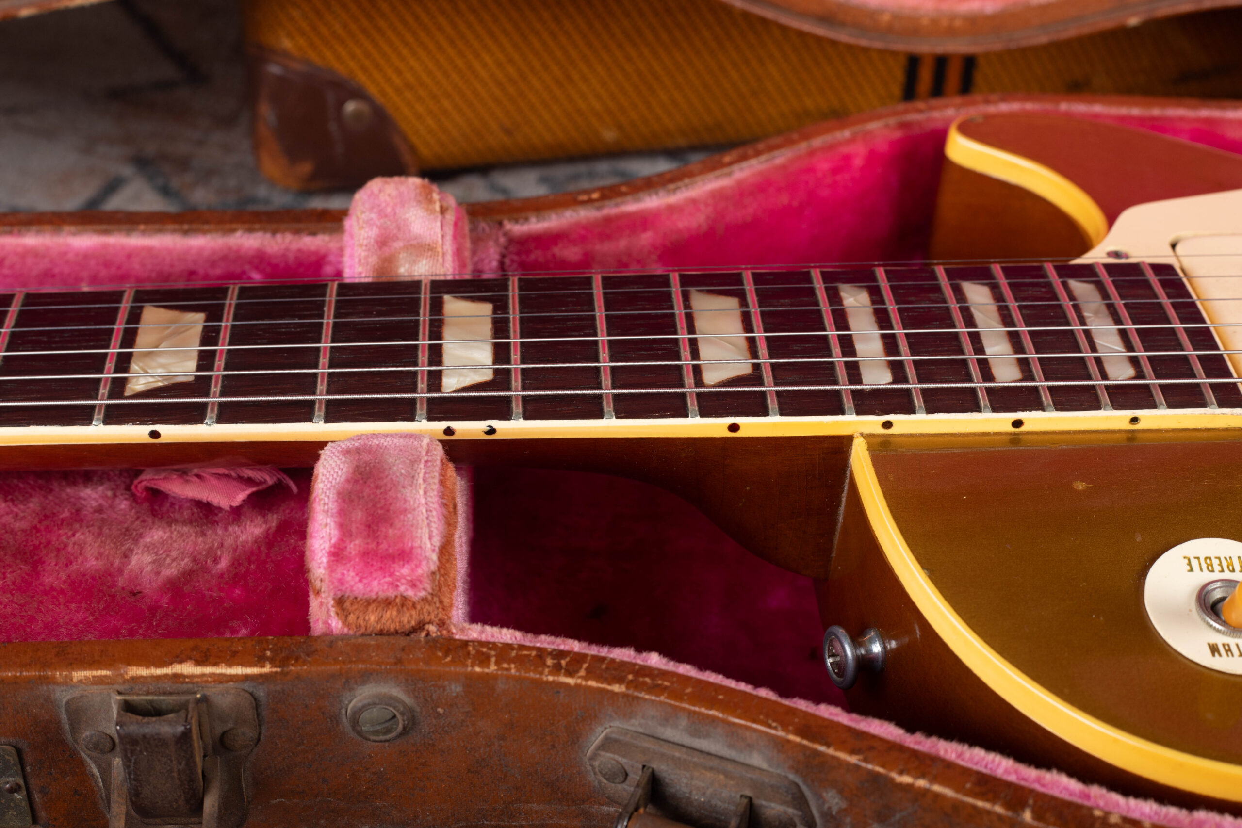 1954 Gibson Les Paul Goldtop trapezoid inlays on Brazilian rosewood fingerboard, Cellulose Nitrate with marbled texture and sharp corners