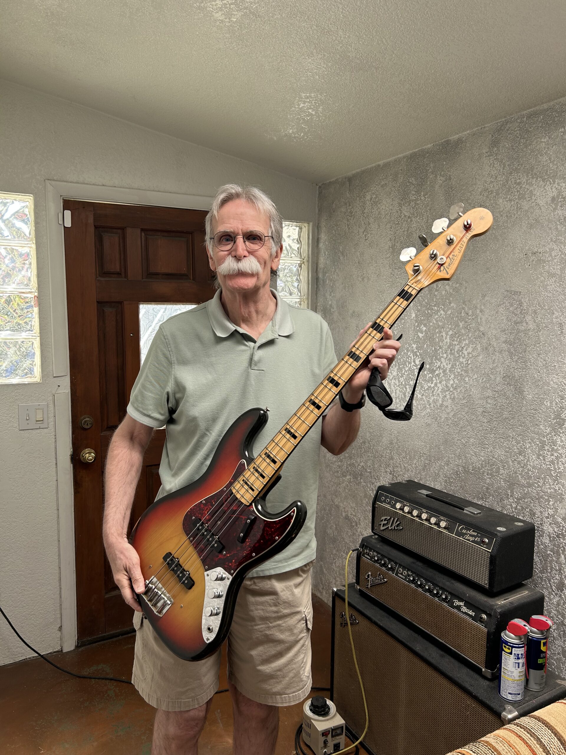 Jim with his 1973 Fender Jazz Bass, the same bass his parents bought him new in 1973, still in his hands more than fifty years later