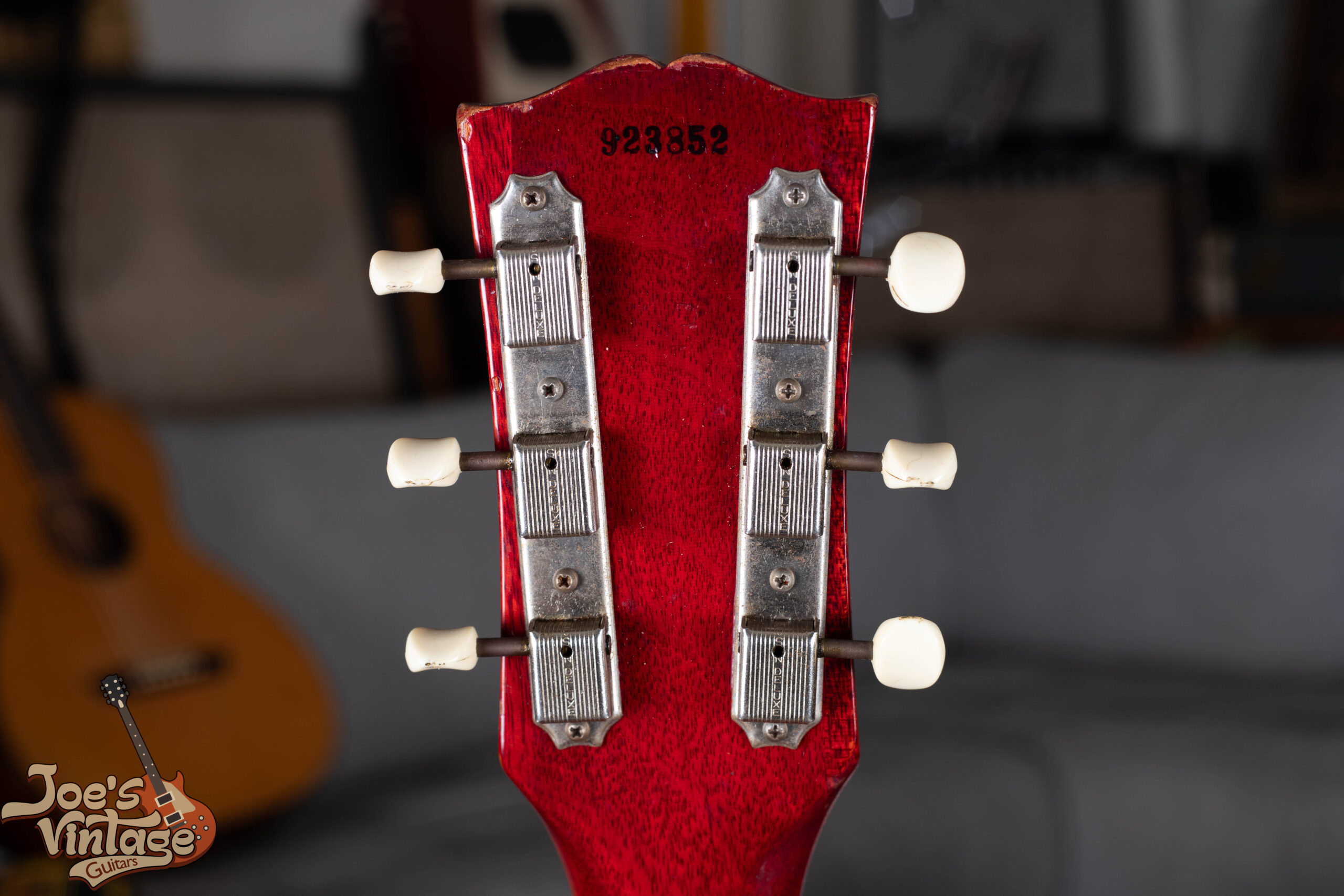 Back of headstock on a 1959 Gibson Les Paul Junior, black ink-stamped serial number