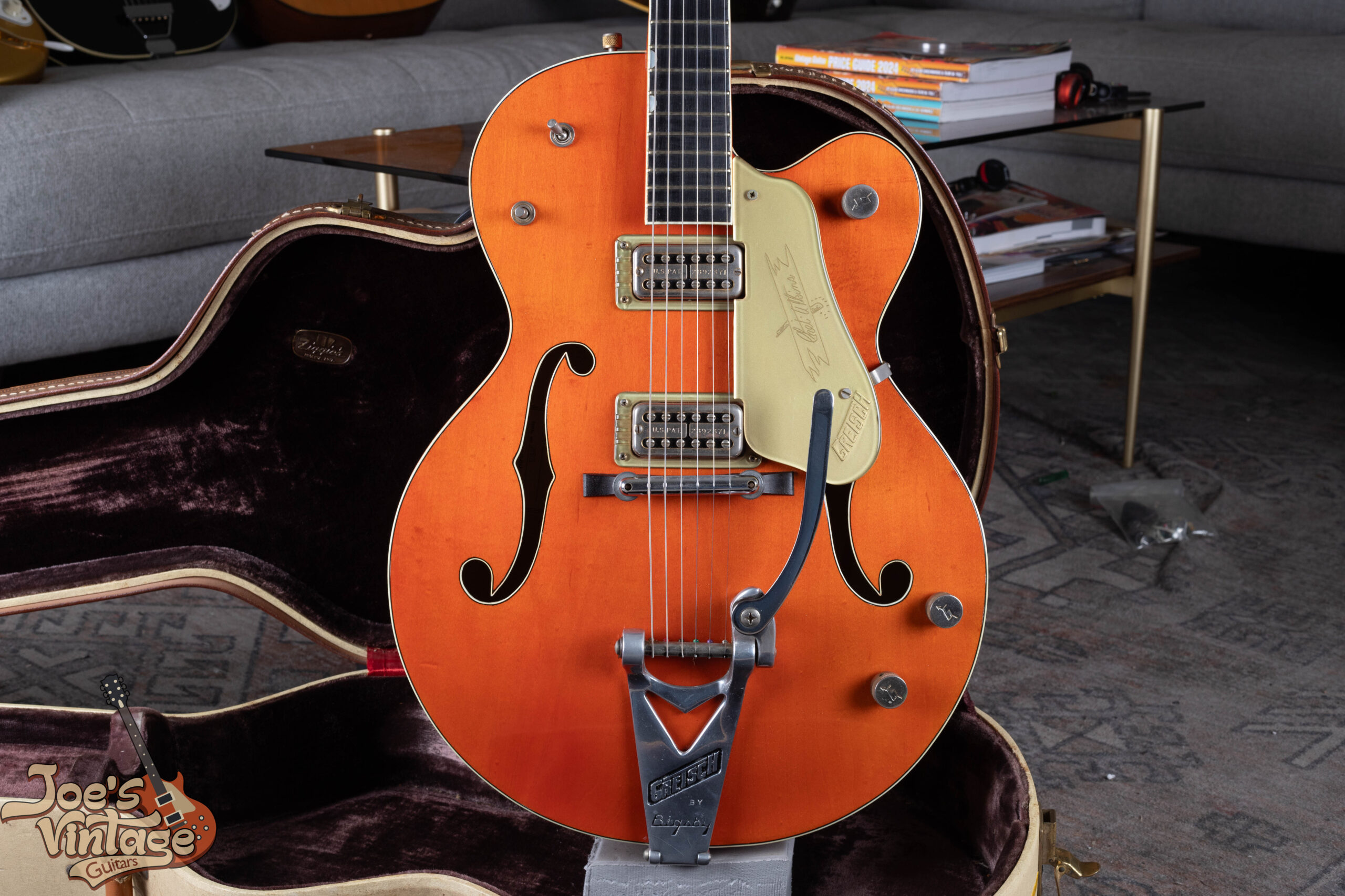 A 1960 Gretsch 6120 in excellent condition with the original hard case. We buy Gretsch guitars.