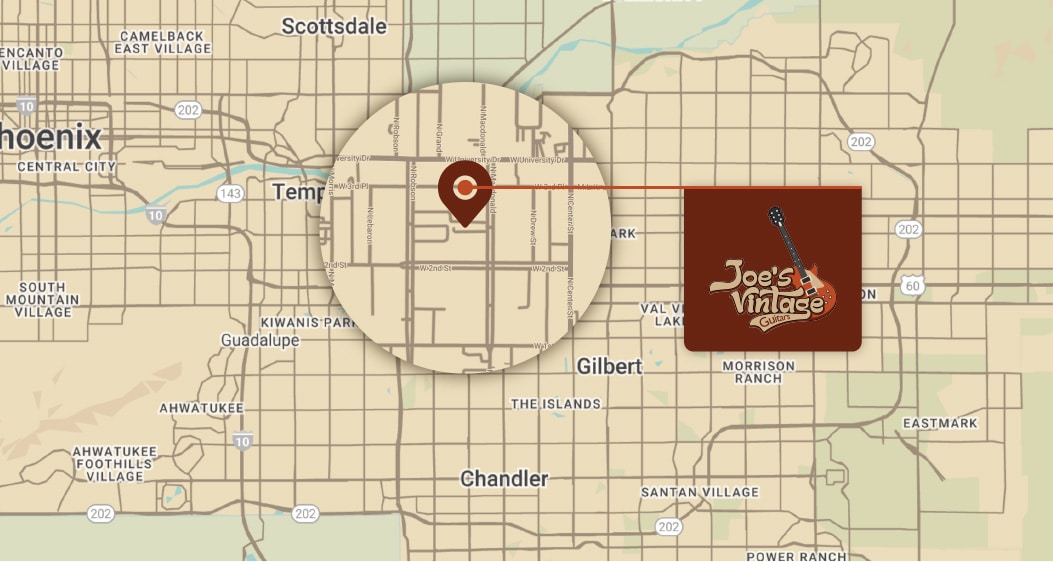 Joe's Vintage Guitar location on map at 228 North Macdonald Unit C, Mesa, AZ 85201