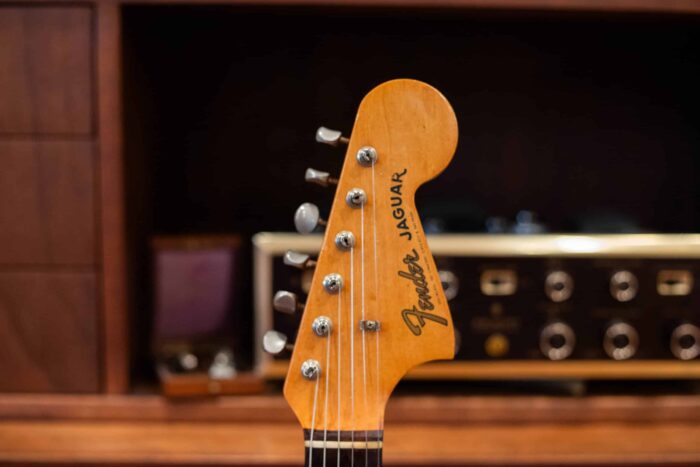 The headstock on a 1963 Fender Jaguar