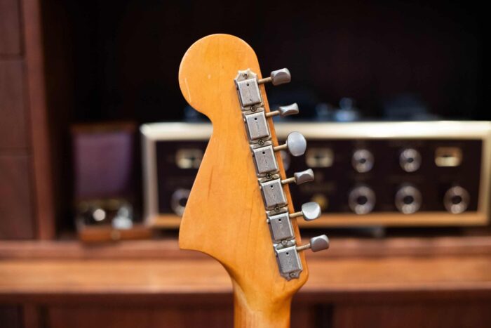 The back of the headstock on a 1963 Fender Jaguar