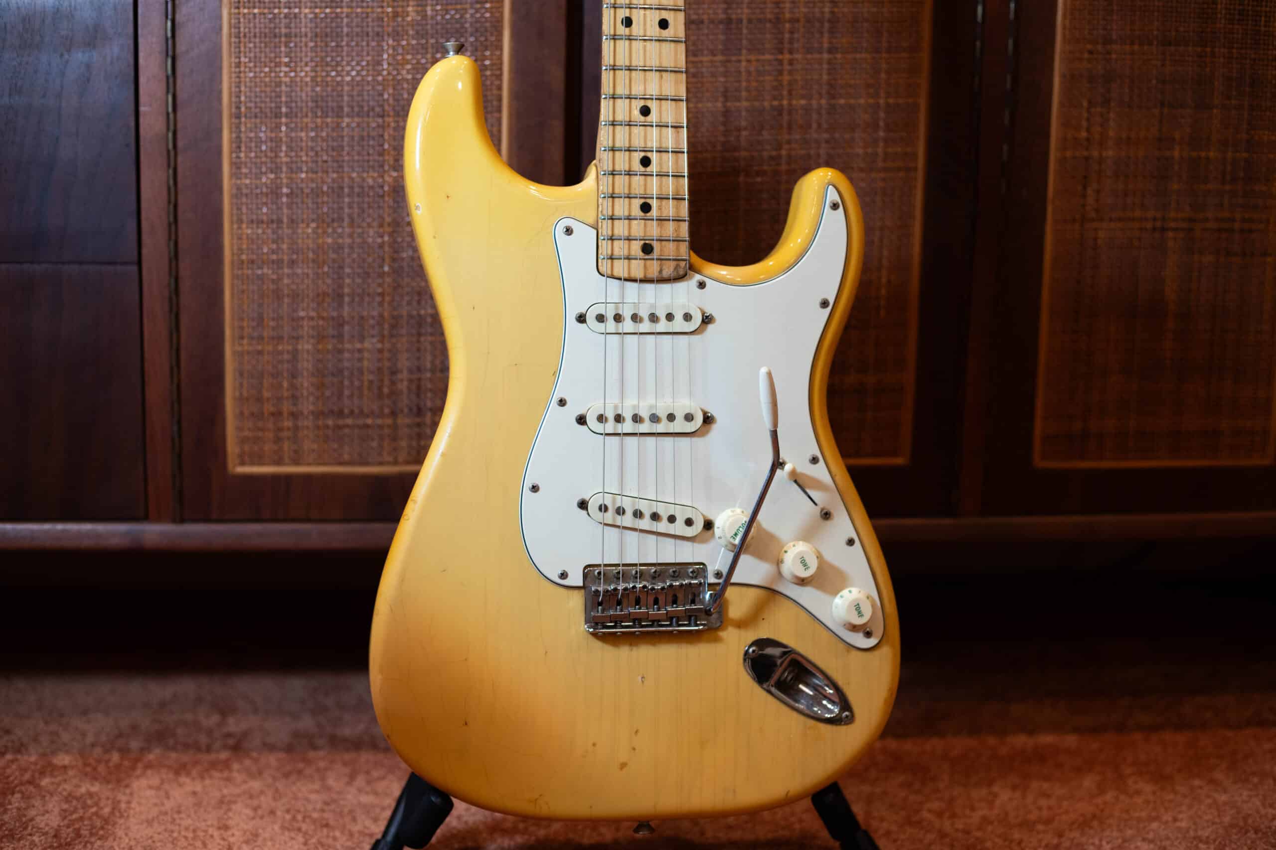 The front of the body at an angle on a 1974 Fender Stratocaster