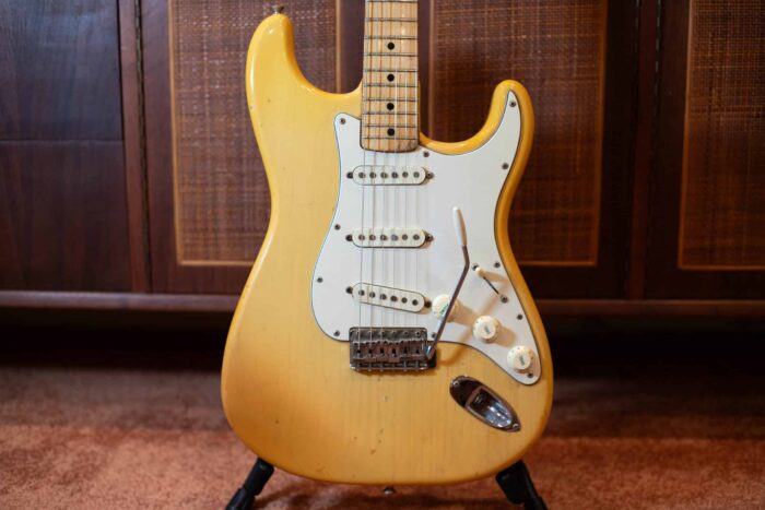 The front of the body on a 1974 Fender Stratocaster