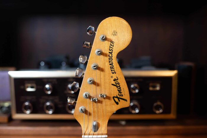 The front of the headstock on a 1974 Fender Stratocaster