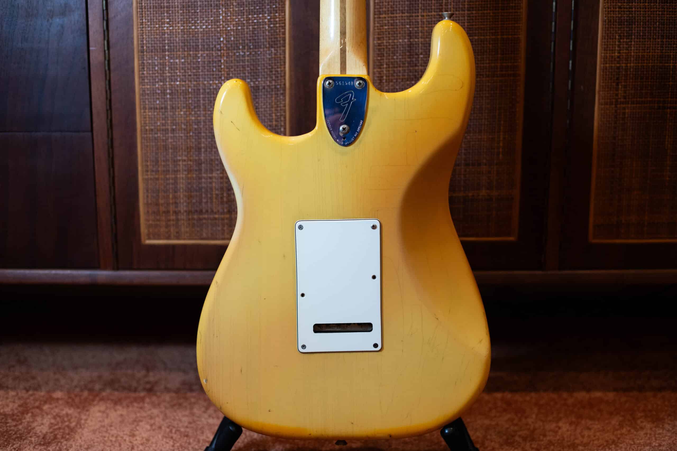 The back of the body on a 1974 Fender Stratocaster