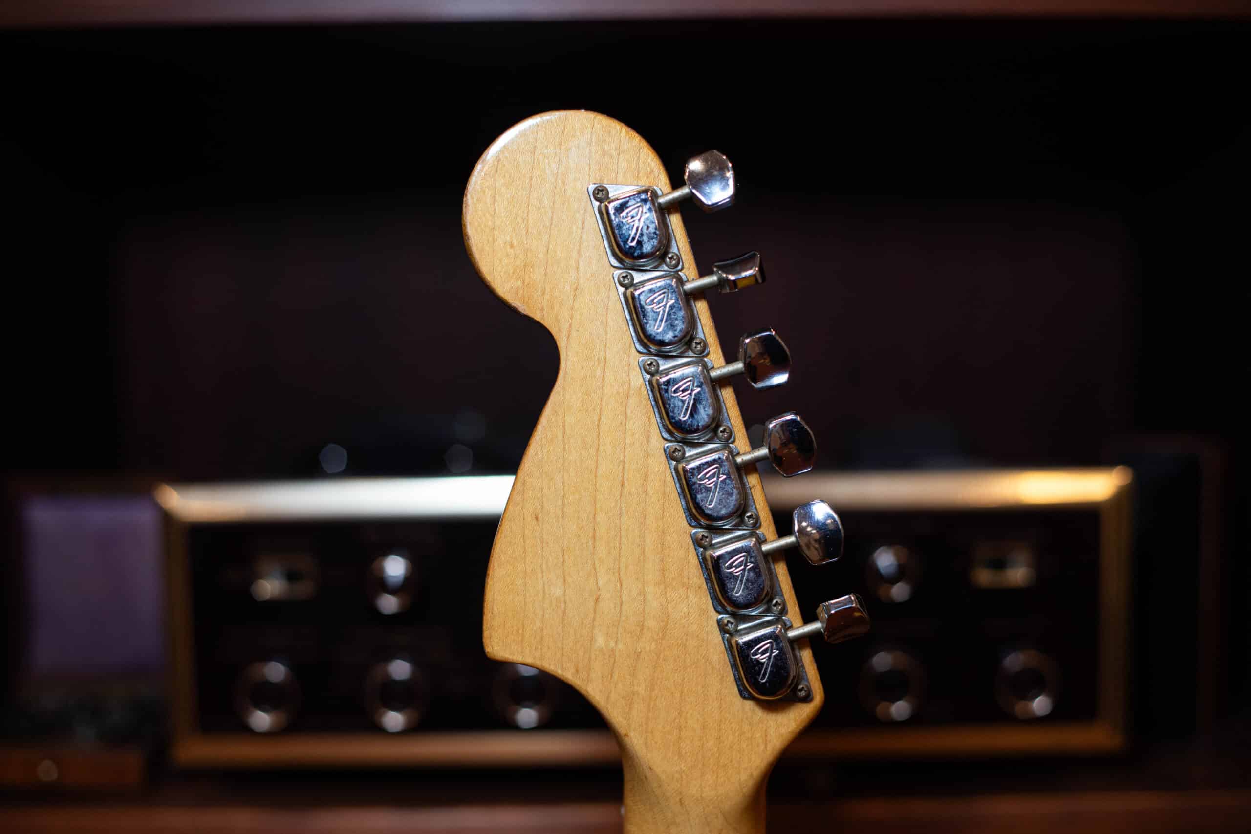 The back of the headstock on a 1974 Fender Stratocaster