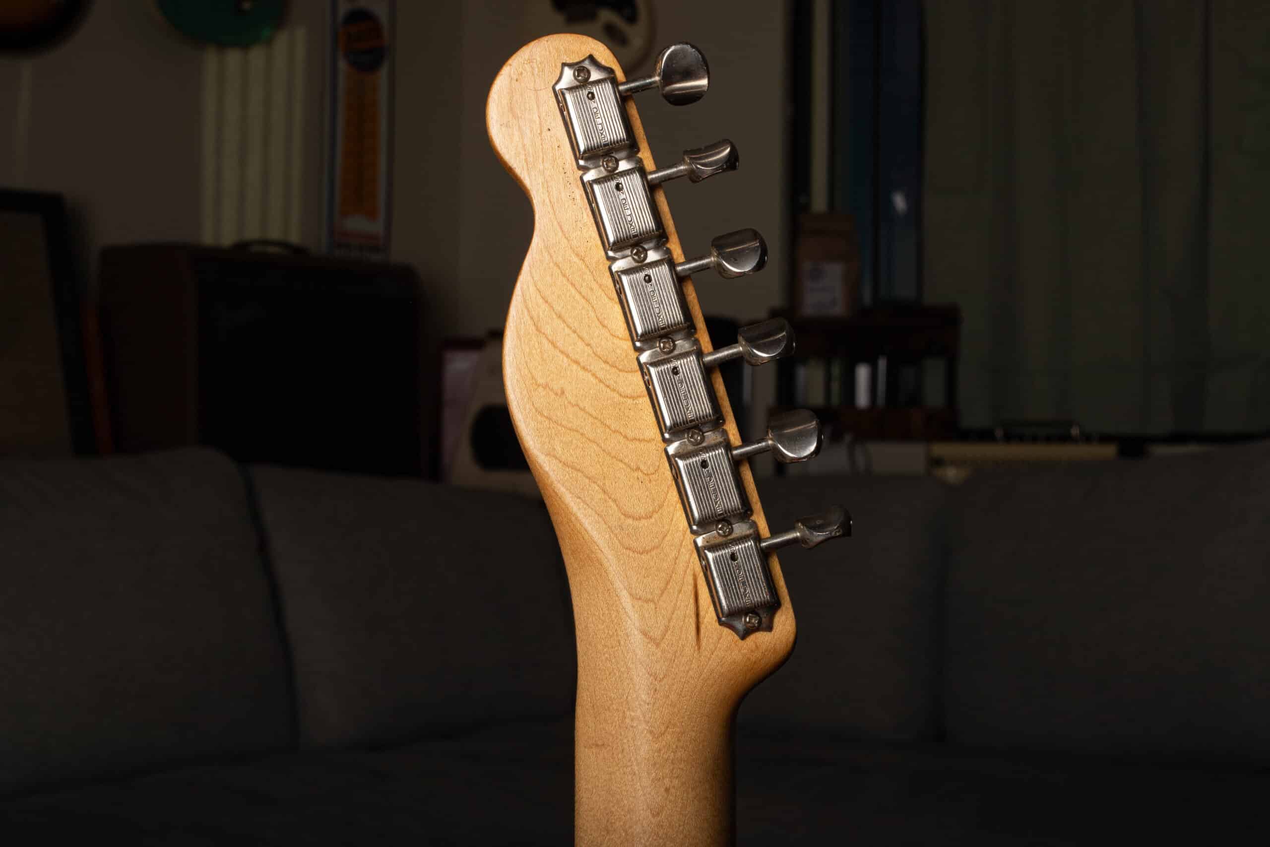 Back of headstock of this vintage 1956 Fender Telecaster.