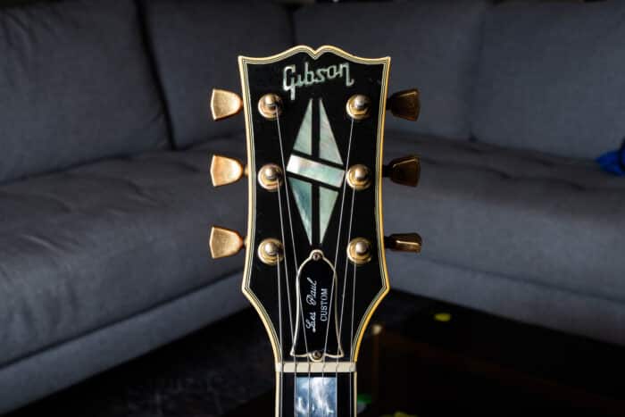 The headstock of a 1976 Gibson Les Paul Custom