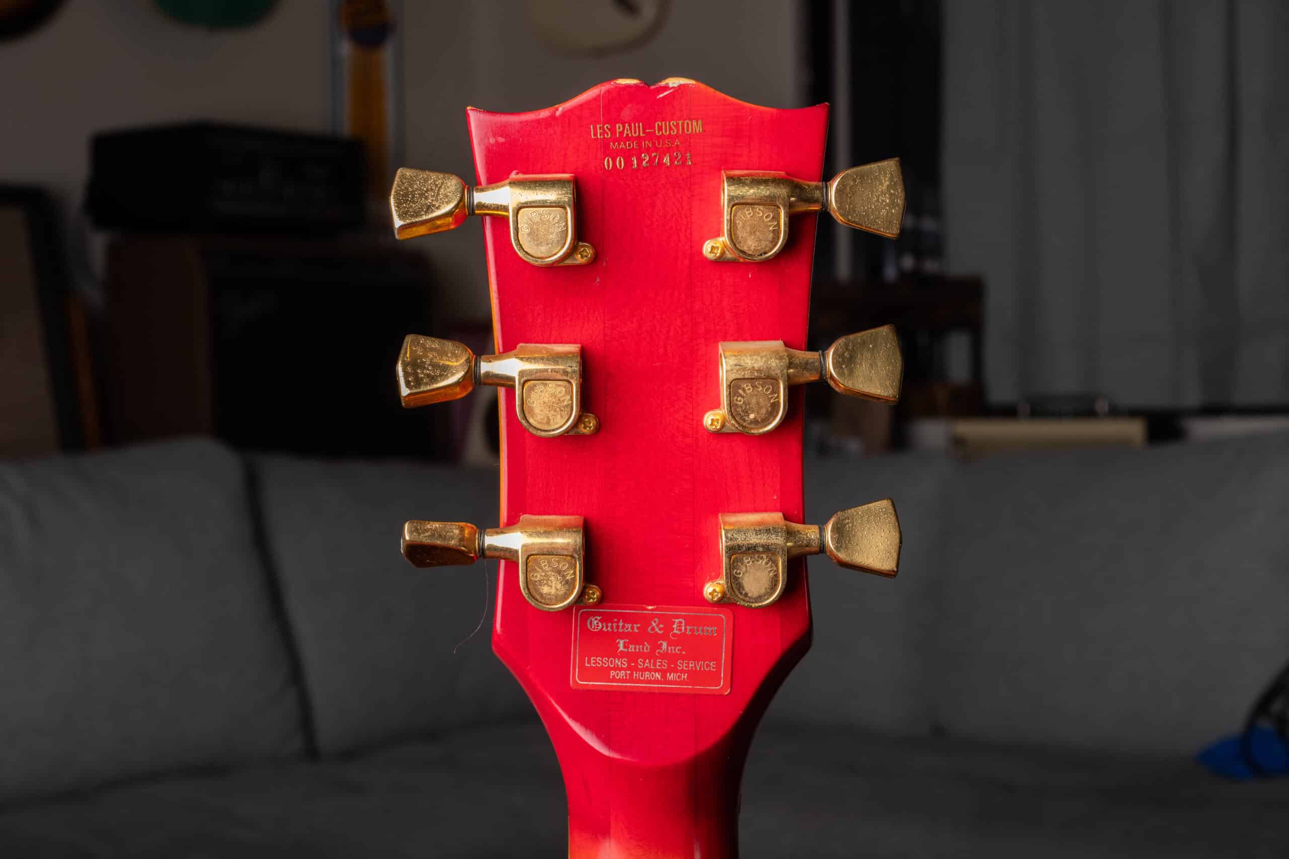 The back of the headstock of a 1976 Gibson Les Paul Custom