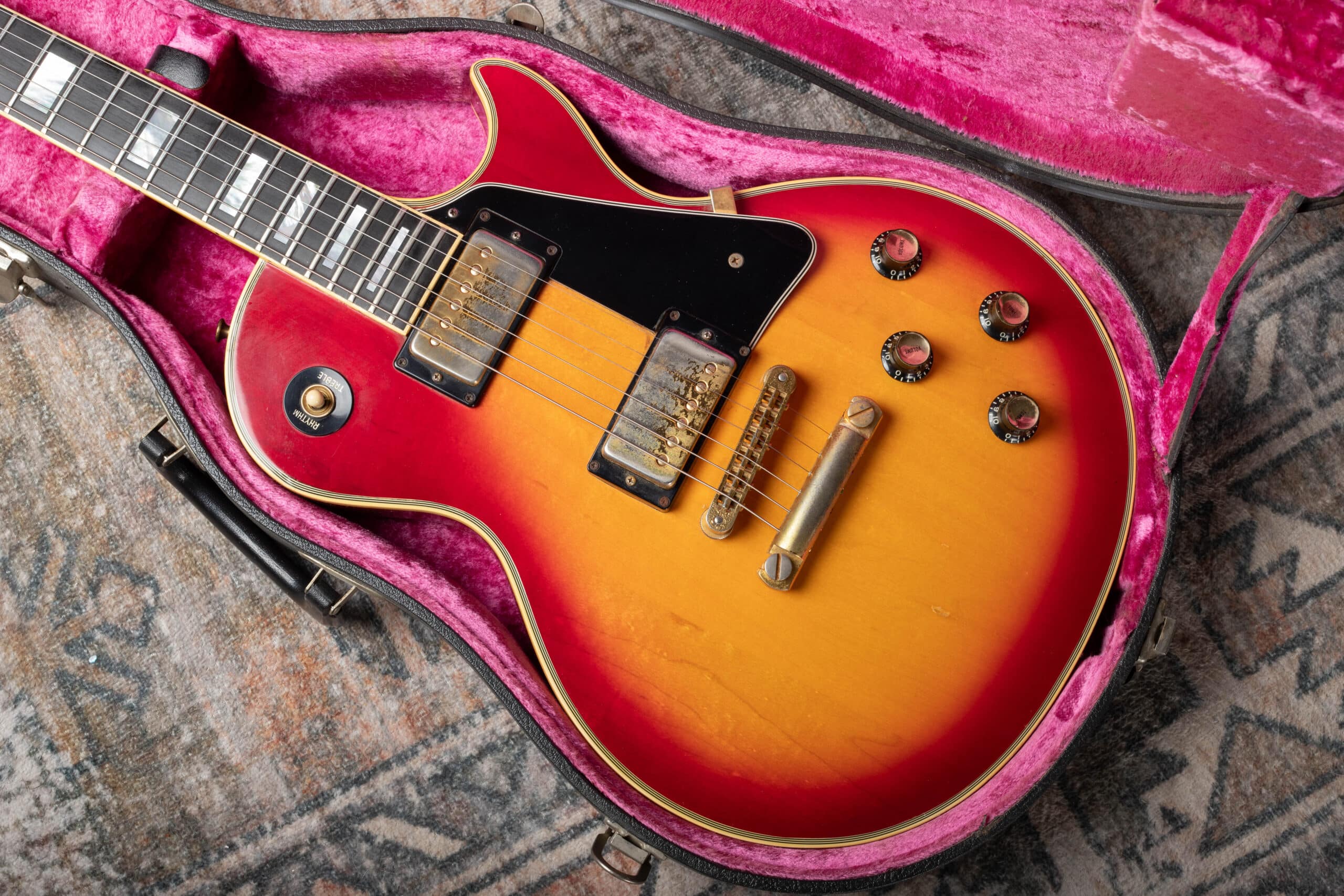 A 1976 Gibson Les Paul Custom in its case.