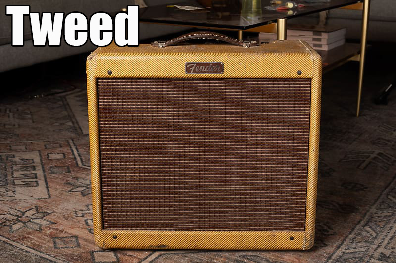 Vintage Fender amplifier with classic tweed covering, a signature look of Fender amps from the 1940s to 1950s