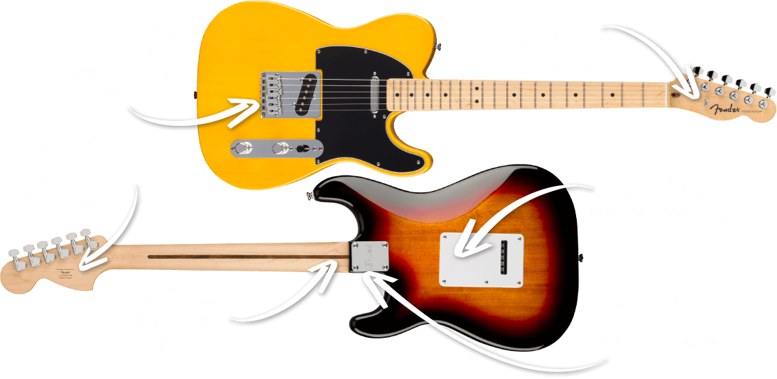 Detailed Diagram of Fender Telecaster and Stratocaster with Notes Highlighting Common Locations of Serial Number