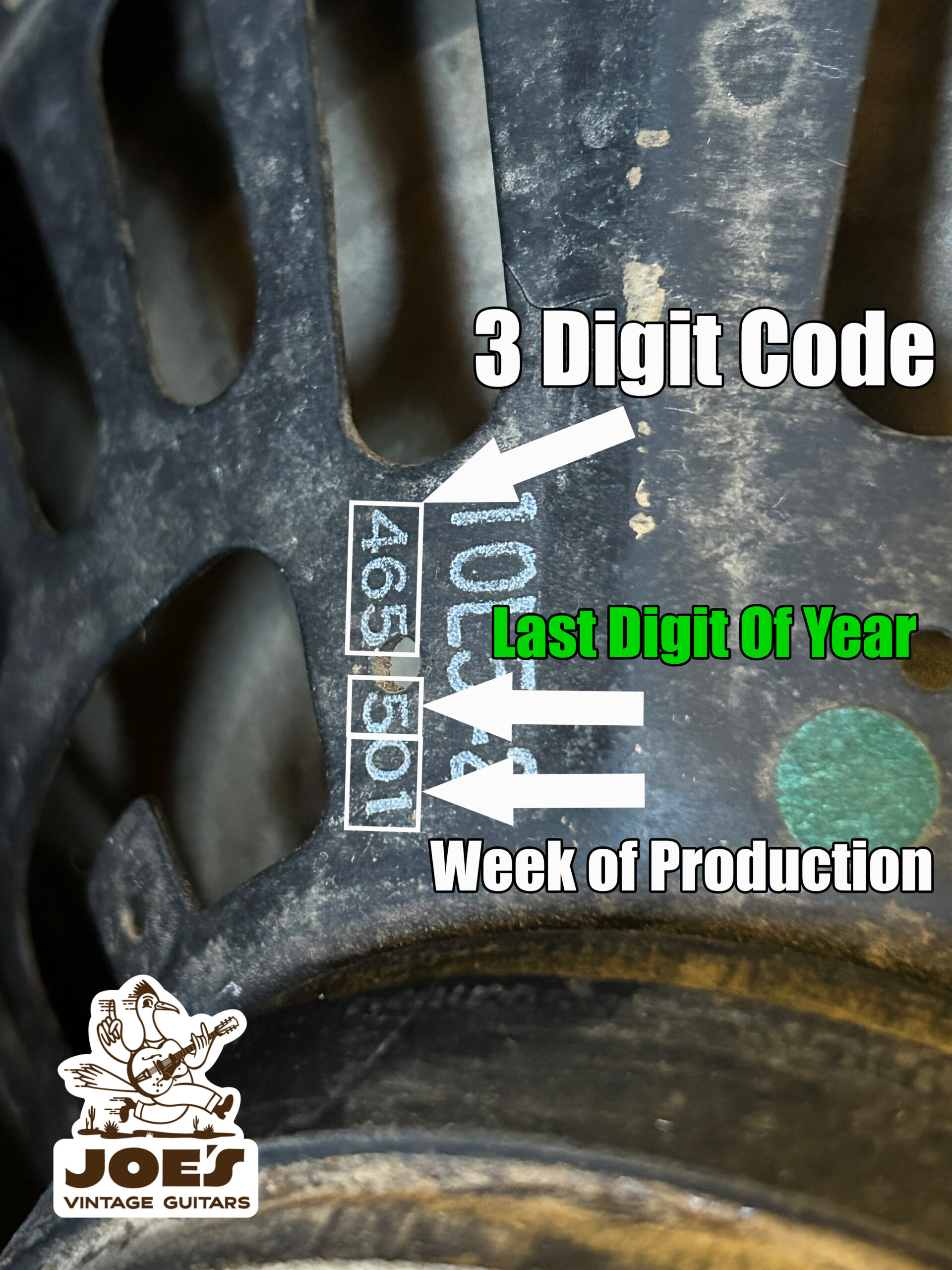 Close-up of a vintage Fender amplifier's speaker code, showing the 3-digit manufacturer code, year digit, and week of production for dating purposes