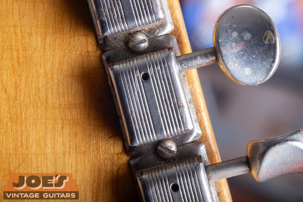 Row of original "No-Line" Kluson Deluxe tuners on the back of a 1952 Fender Telecaster headstock.