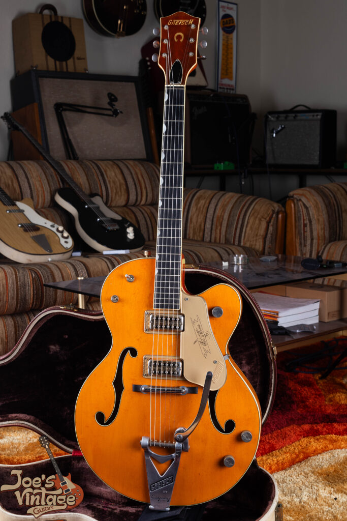 Full front view of a 1961 Gretsch 6120 Chet Atkins single-cutaway hollow body – We offer competitive nationwide payouts for all-original vintage Gretsch guitars.