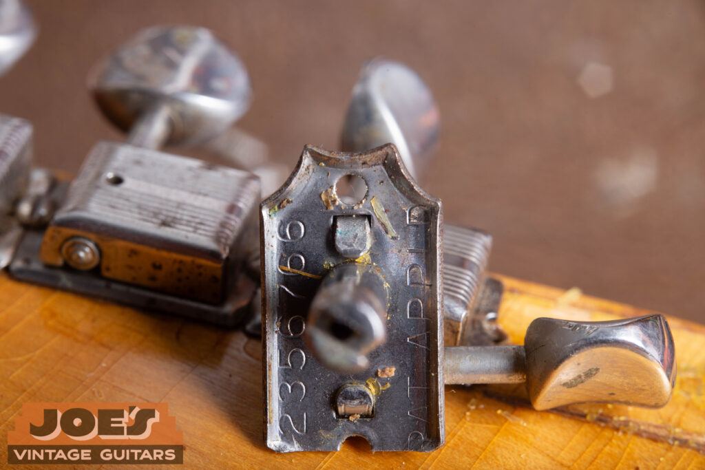 Close-up of the back of a 1952 Fender Telecaster tuner showing the "PAT. APPLD." stamp