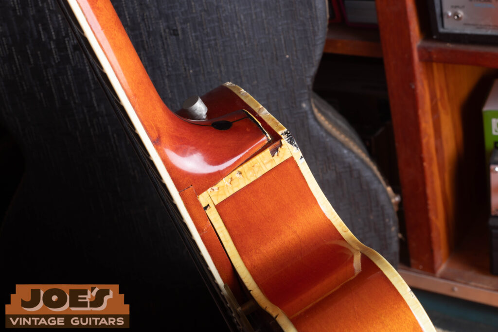Severe celluloid binding rot on a vintage 1959 Gretsch 6120 – We buy vintage Gretsch guitars in any condition at Joe’s Vintage Guitars.