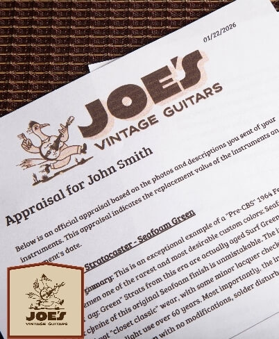 Official vintage guitar insurance appraisal document on Joe's Vintage Guitars letterhead