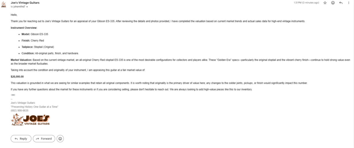 E-Mail By Joe Dampt Explaining The Current Market Value Of A Cherry Red Gibson ES-335 Vintage Guitar