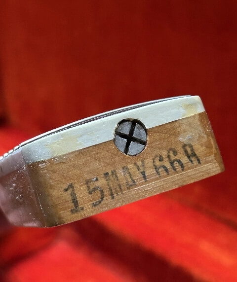 Neck heel date stamp reading "15 MAY 66" (May 15, 1966), confirming the original build date of the instrument.